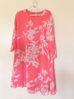 Coral Pink Floral Long Sleeve Shift Dress - Women